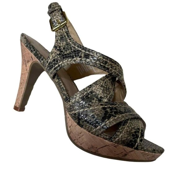 Attention Womens Snakeskin Print Slingback Peep Toe Sandals With Cork Heel Size - Picture 3 of 7